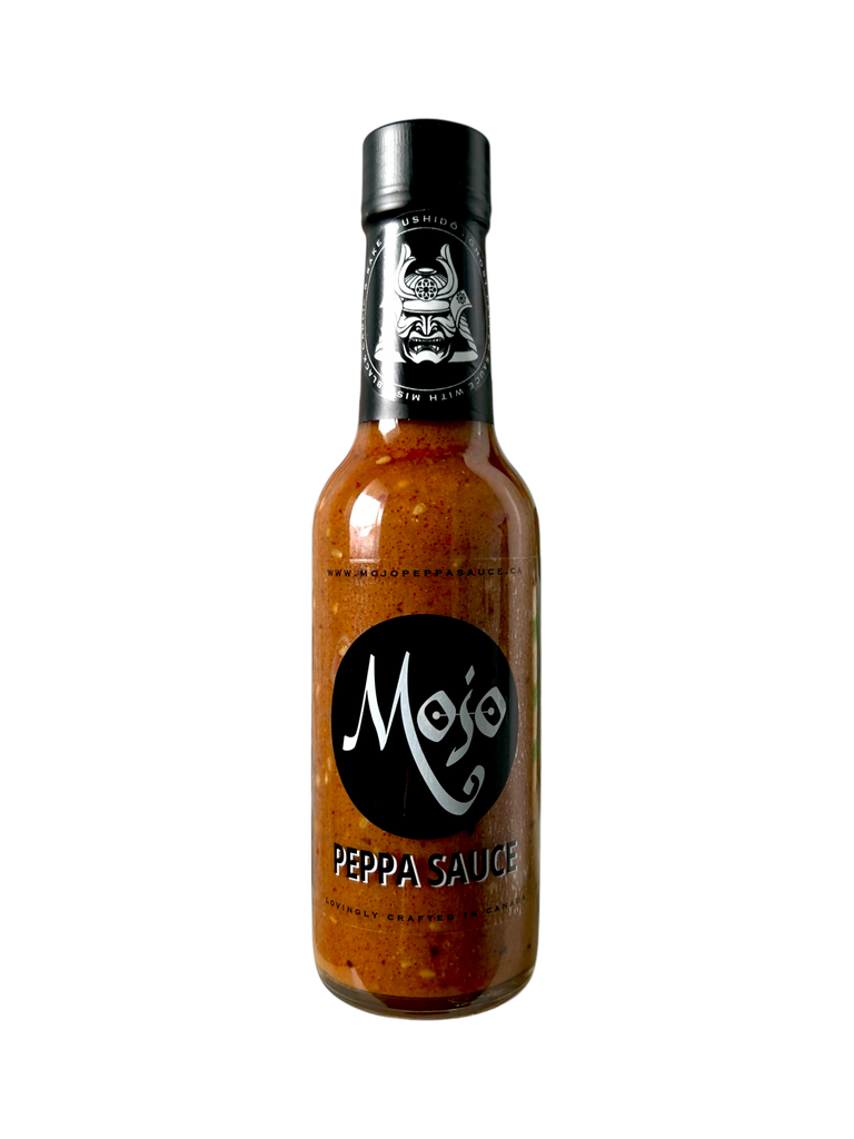 MOJO PEPPA SAUCE 'BUSHIDÖ' GHOST PEPPER, MISO, BLACK GARLIC, SAKE, SESAME & CHILI OIL HOT SAUCE 5 OZ. BOTTLE