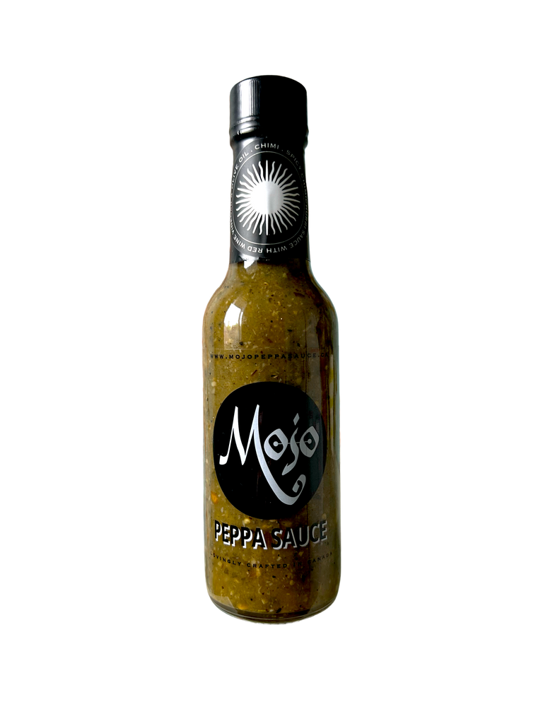 MOJO PEPPA SAUCE 'CHIMI' ARGENTINIAN INSPIRED SPICY CHIMICHURRI W/ RED WINE VINEGAR & OLIVE OIL 5 OZ. BOTTLE