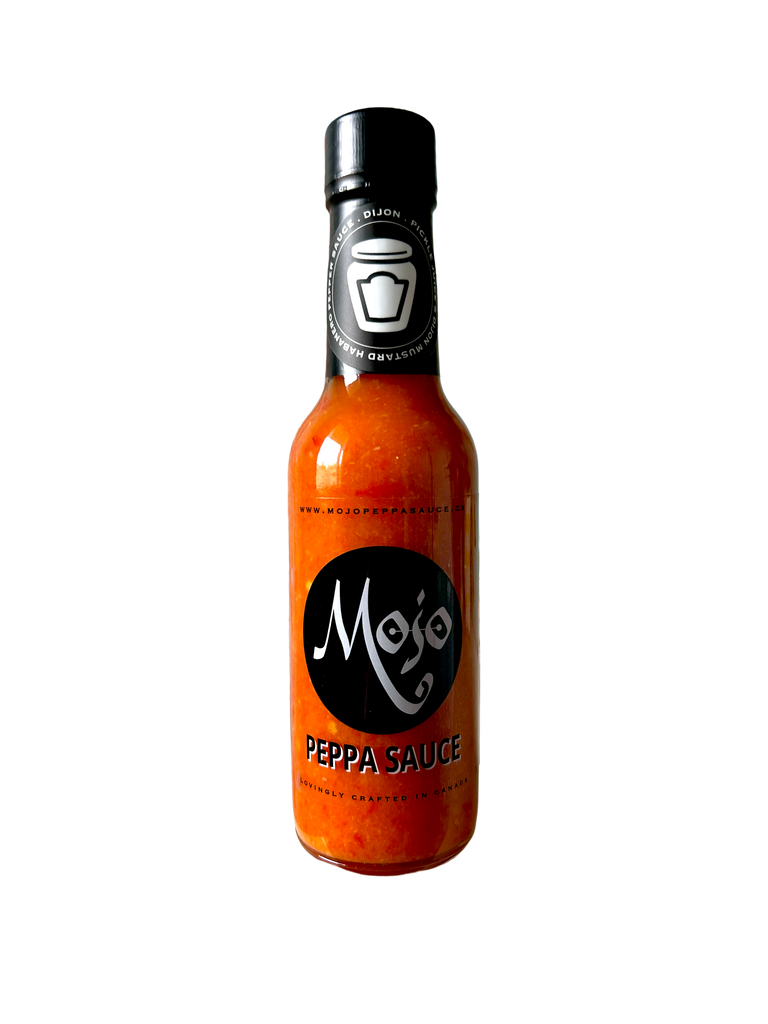 MOJO PEPPA SAUCE 'DIJON' DIJON MUSTARD & PICKLE JUICE INFUSED HABANERO HOT SAUCE 5 OZ. BOTTLE
