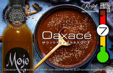 MOJO PEPPA SAUCE ‘OAXACÉ’ OAXACAN INSPIRED SPICY MOLÉ W/ BLACK GARLIC & CHOCOLATE HABANERO 5 OZ. BOTTLE
