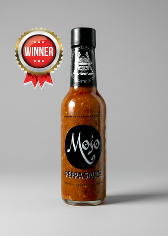 MOJO PEPPA SAUCE 'BUSHIDÖ' GHOST PEPPER, MISO, BLACK GARLIC, SAKE, SESAME & CHILI OIL HOT SAUCE 5 OZ. BOTTLE