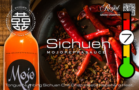 MOJO PEPPA SAUCE ‘SICHUEN’ SICHUAN PEPPERSORN CHILI OIL INFUSED HABANERO HOT SAUCE 5 OZ. BOTTLE