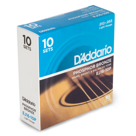 D'ADDARIO EJ16-10P PROPACK PHOSPHOR BRONZE 12-53 ACOUSTIC GUITAR STRINGS 10-PACK